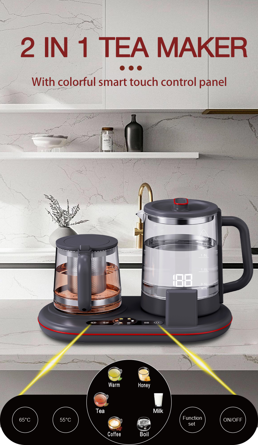 کنترل لمسی جدید Tea Maker را با صفحه نمایش رنگ خانه کتری برقی شیشه ای توت فرنگی هوشمند و مجموعه کتری ساموار تنظیم می کند