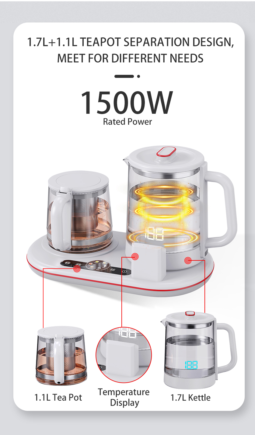 New1.7L+1.1L کتری چای الکتریکی چند منظوره آب گرم آب گرم جوشانده برقی کتری گرم نگه داشتن کتری گرم