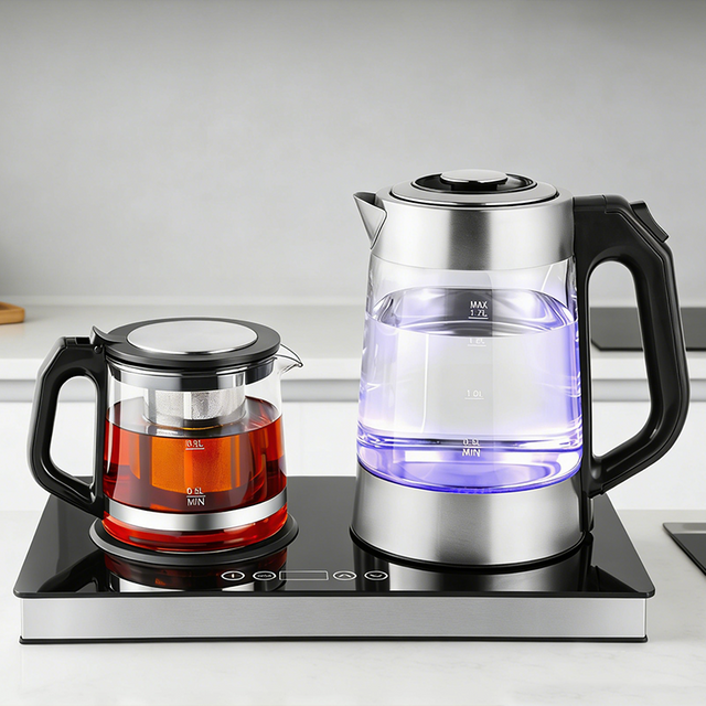 نوع کنترل دیجیتال خانگی دیگ آب چای ساز چینی با سینی 1.7 لیتر + 1 لیتر قوری چای ترکی و قوری شیشه ای