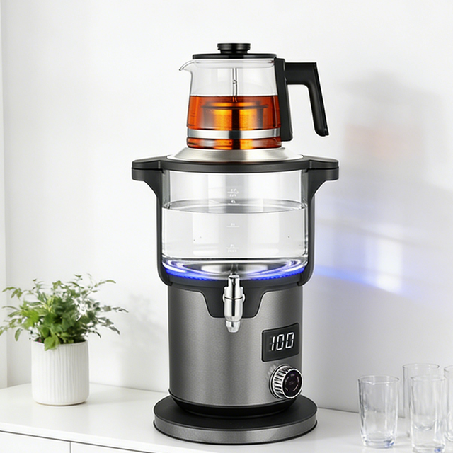 دستگاه برقی دستگاه چای ساز دولایه 4.5+1.1 لیتری کارکرد گرم نگه داشتن خودکار کتری های سماور با قوری شیشه ای
