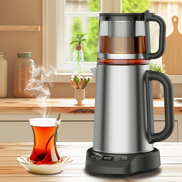 لوازم آشپزخانه 1500W دستگاه سازنده چای حفاظت خشک و خشک 2.0L+1.1L کتری برقی دو لایه با قوری شیشه ای