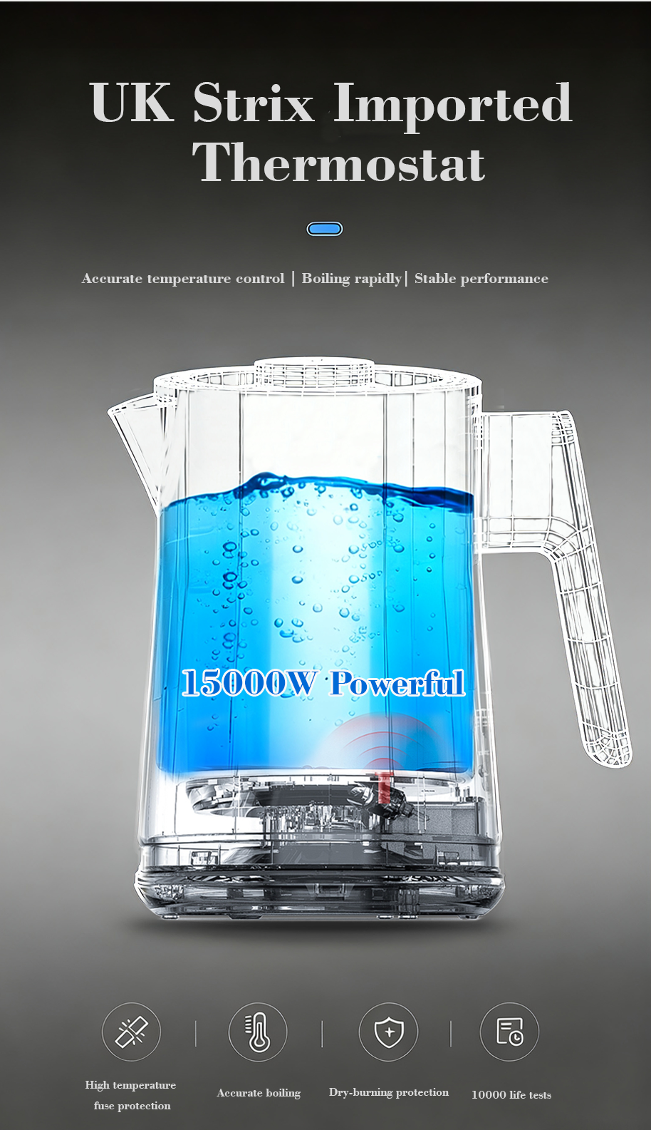 کارخانه عمده فروشی کتری ترموستات Strix 1500 وات کتری آب و چای ساز برقی با نمایشگر کنترل لمسی Keep Warm