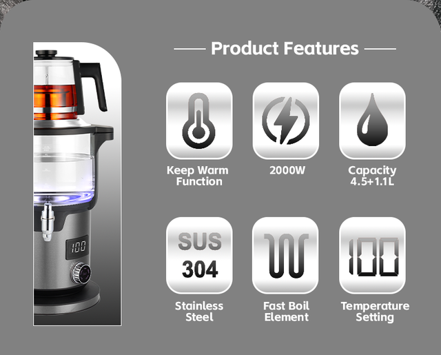 دستگاه برقی دستگاه چای ساز دولایه 4.5+1.1 لیتری کارکرد گرم نگه داشتن خودکار کتری های سماور با قوری شیشه ای