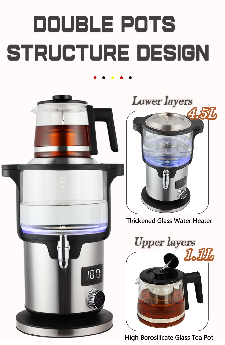دستگاه چای ساز دولایه هوشمند 4.5+1.1 لیتری دستگیره خانگی 2000 واتی چای کتری ترکی کتری برقی شارژی برای آب جوش
