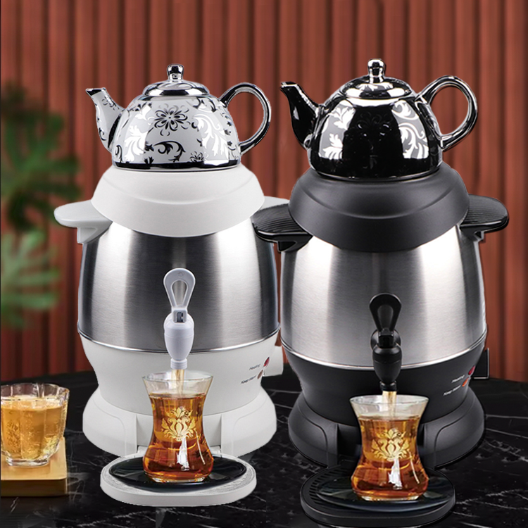 فروش برتر سماور برقی شوفاژ چای ترکی 1 لیتری تاپ + کتری برقی بدنه 4 لیتری همراه با چای Keep Warm