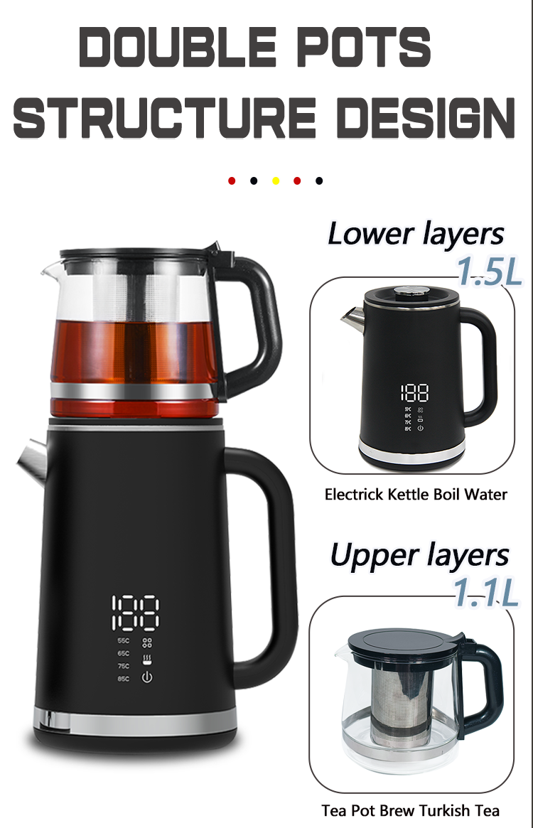 Yuekon 1.5L+1.1L کتری شیشه ای کتری و Teapot 2 در 1 سازنده چای دو لایه با کنترل دما