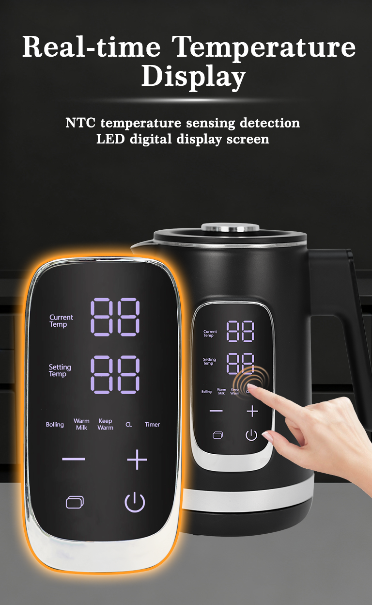 کارخانه OEM 1500W کتری استیل ضد زنگ با قدرت جوش بالا کتری برقی کنترل دیجیتال مشکی با محافظ جوش خشک