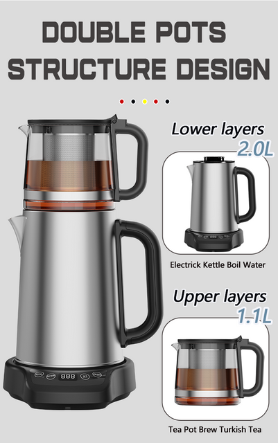 New Arrival 1500W 304 Steel Steel Steel Steel Burkish 2 IN1 دستگاه سازنده چای Samovar با پایه صفحه لمسی