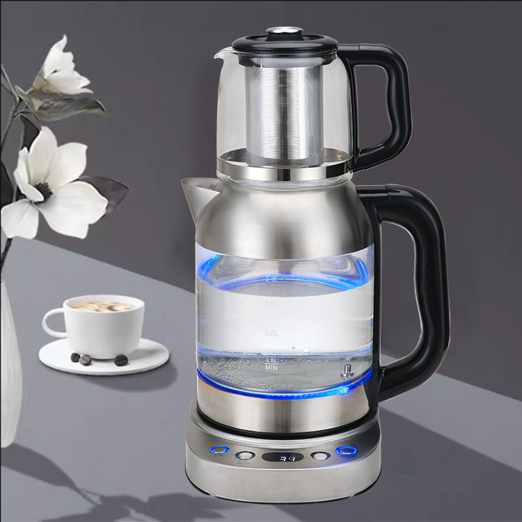 ست چای خوری دو نفره کتری آب شیشه ای روسی محبوب 2.0 لیتری کتری چای برقی قوری ترکی CB CE با دمنوش 