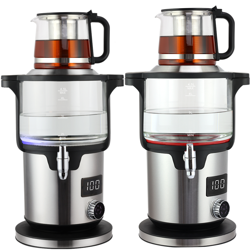 آبگرمکن شفاف عربی خاورمیانه چای ساز ترکی با پایه کنترل دما چای ساز دوتایی سماور با دم کن