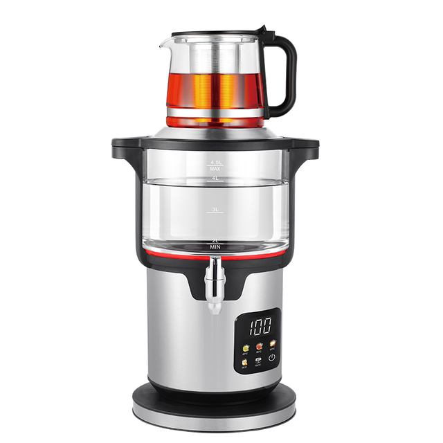 دستگاه چای ساز اتوماتیک Factory Direct 4.5L+1.1L با صفحه نمایش لمسی قابلمه های شیشه ای دولایه برای دم کردن چای