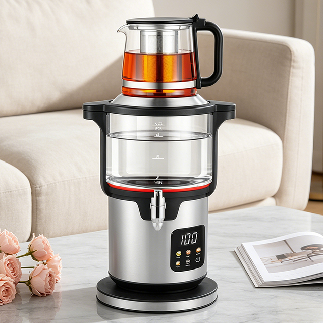 دستگاه چای ساز اتوماتیک Factory Direct 4.5L+1.1L با صفحه نمایش لمسی قابلمه های شیشه ای دولایه برای دم کردن چای