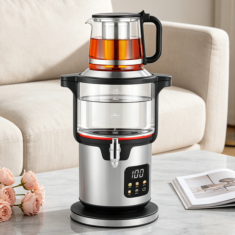 دستگاه چای ساز اتوماتیک Factory Direct 4.5L+1.1L با صفحه نمایش لمسی قابلمه های شیشه ای دولایه برای دم کردن چای
